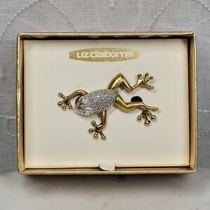 VTG Liz Claiborne Frog Brooch Gold Silver Tone Rhinestone Jewelry Dead Stock